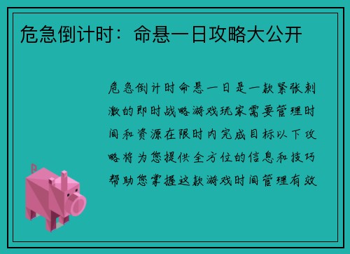 危急倒计时：命悬一日攻略大公开