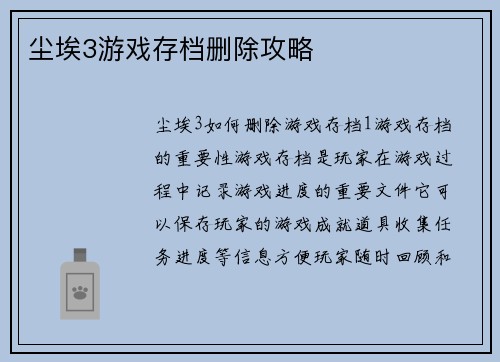 尘埃3游戏存档删除攻略