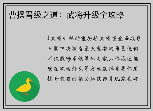 曹操晋级之道：武将升级全攻略